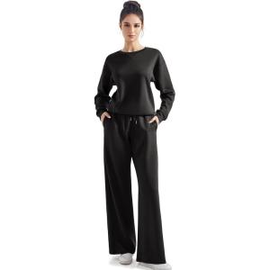 imageSUUKSESS Women Modal Fall 2 piece outfits Oversized Sweatshirt Wide Leg PantsBlack