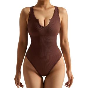 imageSUUKSESS Women Notch Neck Ribbed Seamless Bodysuit Padded Sexy Tank Tops1 Brown