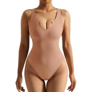 imageSUUKSESS Women Notch Neck Ribbed Seamless Bodysuit Padded Sexy Tank Tops1 Khaki