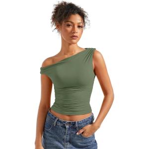 imageSUUKSESS Women Off Shoulder Tops Sleeveless Shirts Y2K Going Out Crop Tank TopArmy Green