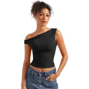 imageSUUKSESS Women Off Shoulder Tops Sleeveless Shirts Y2K Going Out Crop Tank TopBlack