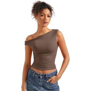 imageSUUKSESS Women Off Shoulder Tops Sleeveless Shirts Y2K Going Out Crop Tank TopBrown