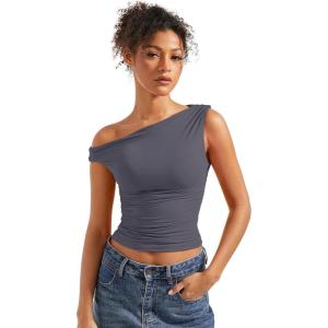 imageSUUKSESS Women Off Shoulder Tops Sleeveless Shirts Y2K Going Out Crop Tank TopGrey