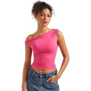 imageSUUKSESS Women Off Shoulder Tops Sleeveless Shirts Y2K Going Out Crop Tank TopHot Pink