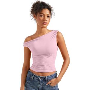 imageSUUKSESS Women Off Shoulder Tops Sleeveless Shirts Y2K Going Out Crop Tank TopPink