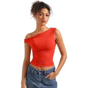 imageSUUKSESS Women Off Shoulder Tops Sleeveless Shirts Y2K Going Out Crop Tank TopRed