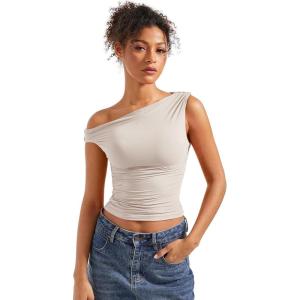imageSUUKSESS Women Off Shoulder Tops Sleeveless Shirts Y2K Going Out Crop Tank TopStone