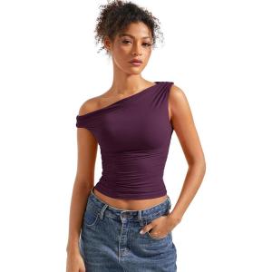 imageSUUKSESS Women Off Shoulder Tops Sleeveless Shirts Y2K Going Out Crop Tank TopViolet