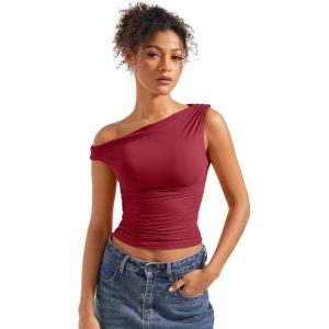 imageSUUKSESS Women Off Shoulder Tops Sleeveless Shirts Y2K Going Out Crop Tank TopWine Red