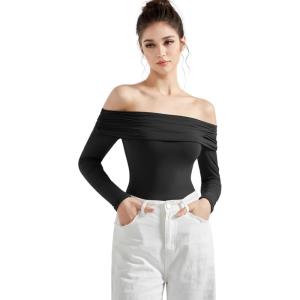 imageSUUKSESS Women Off the Shoulder Bodysuit Double Lined Going Out Short Sleeve Strapless Thong Body suit01 Black