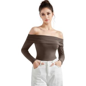 imageSUUKSESS Women Off the Shoulder Bodysuit Double Lined Going Out Short Sleeve Strapless Thong Body suit01 Brown