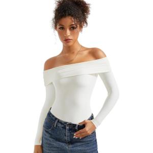 imageSUUKSESS Women Off the Shoulder Bodysuit Double Lined Going Out Short Sleeve Strapless Thong Body suit01 Cream White