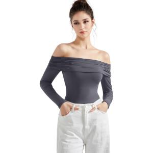 imageSUUKSESS Women Off the Shoulder Bodysuit Double Lined Going Out Short Sleeve Strapless Thong Body suit01 Grey