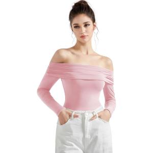 imageSUUKSESS Women Off the Shoulder Bodysuit Double Lined Going Out Short Sleeve Strapless Thong Body suit01 Pink