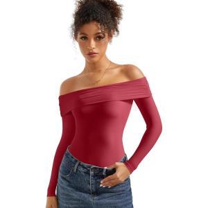 imageSUUKSESS Women Off the Shoulder Bodysuit Double Lined Going Out Short Sleeve Strapless Thong Body suit01 Red Pink