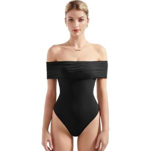 imageSUUKSESS Women Off the Shoulder Bodysuit Double Lined Going Out Short Sleeve Strapless Thong Body suit02 Black