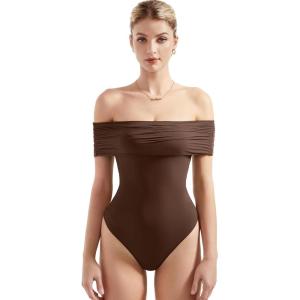 imageSUUKSESS Women Off the Shoulder Bodysuit Double Lined Going Out Short Sleeve Strapless Thong Body suit02 Dark Brown
