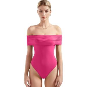 imageSUUKSESS Women Off the Shoulder Bodysuit Double Lined Going Out Short Sleeve Strapless Thong Body suit02 Red