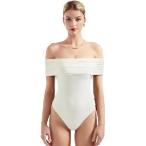 imageSUUKSESS Women Off the Shoulder Bodysuit Double Lined Going Out Short Sleeve Strapless Thong Body suit02 White