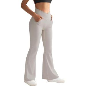 imageSUUKSESS Women Ribbed Crossover Flare Leggings V Back Yoga Pants with Pockets1 Beige