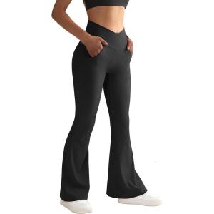 imageSUUKSESS Women Ribbed Crossover Flare Leggings V Back Yoga Pants with Pockets1 Black