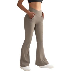 imageSUUKSESS Women Ribbed Crossover Flare Leggings V Back Yoga Pants with Pockets1 Coffee