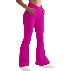 imageSUUKSESS Women Ribbed Crossover Flare Leggings V Back Yoga Pants with Pockets1 Hot Pink