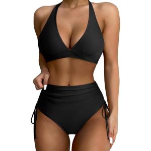 imageSUUKSESS Women Ribbed High Waist Bikini Sexy Drawstring Tummy Control SwimsuitsBlack