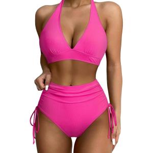 imageSUUKSESS Women Ribbed High Waist Bikini Sexy Drawstring Tummy Control SwimsuitsHot Pink