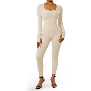imageSUUKSESS Women Ribbed One Piece Jumpsuits Yoga Short Sleeve Workout Jumpsuits1 Beige