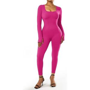 imageSUUKSESS Women Ribbed One Piece Jumpsuits Yoga Short Sleeve Workout Jumpsuits1 Hot Pink