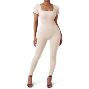 imageSUUKSESS Women Ribbed One Piece Jumpsuits Yoga Short Sleeve Workout JumpsuitsShort Beige