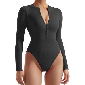 imageSUUKSESS Women Ribbed Seamless Bodysuit Sexy Zip up Front Long Sleeve Bodysuits Top02 Black