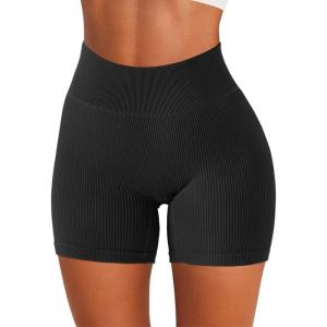 imageSUUKSESS Women Ribbed Seamless Leggings High Waisted Workout Gym Yoga Pants17 Shorts Black