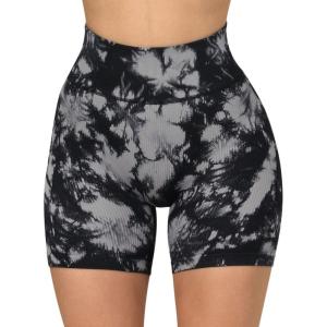 imageSUUKSESS Women Ribbed Seamless Leggings High Waisted Workout Gym Yoga Pants17 Shorts Black Tie Dye