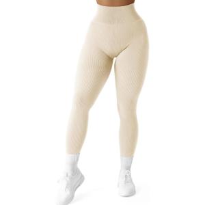 imageSUUKSESS Women Ribbed Seamless Leggings High Waisted Workout Gym Yoga Pants18 Beige