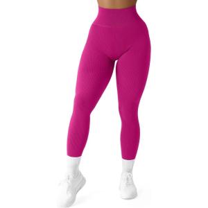 imageSUUKSESS Women Ribbed Seamless Leggings High Waisted Workout Gym Yoga Pants18 Hot Pink