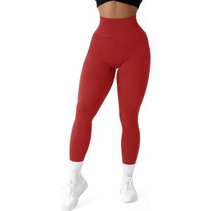 imageSUUKSESS Women Ribbed Seamless Leggings High Waisted Workout Gym Yoga Pants18 Red