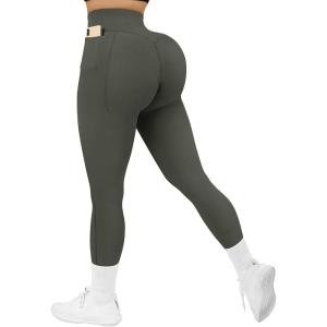 imageSUUKSESS Women Ribbed Seamless Leggings High Waisted Workout Gym Yoga Pants52 Pockets Army Green