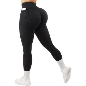 imageSUUKSESS Women Ribbed Seamless Leggings High Waisted Workout Gym Yoga Pants52 Pockets Black