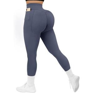 imageSUUKSESS Women Ribbed Seamless Leggings High Waisted Workout Gym Yoga Pants52 Pockets Blue