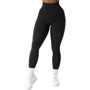 imageSUUKSESS Women Ribbed Seamless Leggings High Waisted Workout Gym Yoga PantsBlack