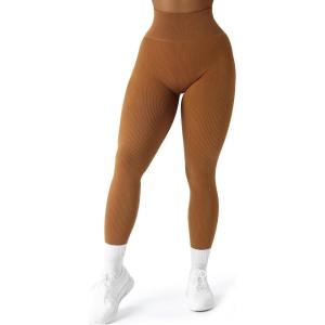 imageSUUKSESS Women Ribbed Seamless Leggings High Waisted Workout Gym Yoga PantsBrown