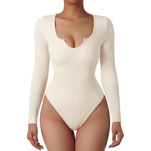 imageSUUKSESS Women Ribbed Seamless Long Sleeve Bodysuit Square Scoop Notch Neck BodysuitNotch Beige