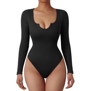 imageSUUKSESS Women Ribbed Seamless Long Sleeve Bodysuit Square Scoop Notch Neck BodysuitNotch Black