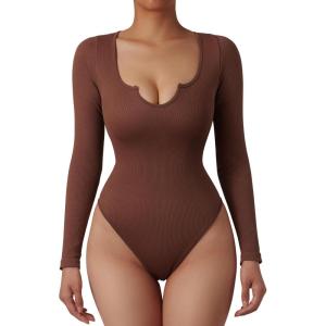 imageSUUKSESS Women Ribbed Seamless Long Sleeve Bodysuit Square Scoop Notch Neck BodysuitNotch Brown