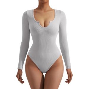 imageSUUKSESS Women Ribbed Seamless Long Sleeve Bodysuit Square Scoop Notch Neck BodysuitNotch Light Grey
