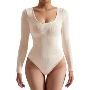 imageSUUKSESS Women Ribbed Seamless Long Sleeve Bodysuit Square Scoop Notch Neck BodysuitScoop Beige