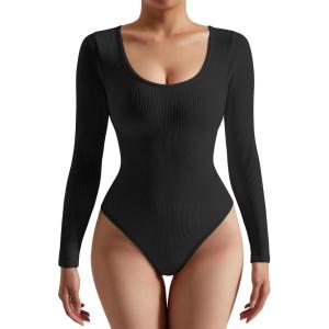 imageSUUKSESS Women Ribbed Seamless Long Sleeve Bodysuit Square Scoop Notch Neck BodysuitScoop Black