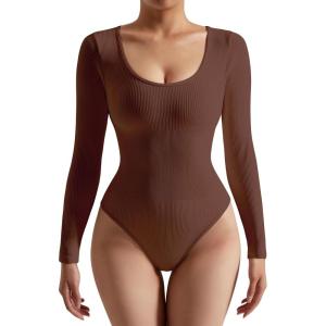 imageSUUKSESS Women Ribbed Seamless Long Sleeve Bodysuit Square Scoop Notch Neck BodysuitScoop Brown